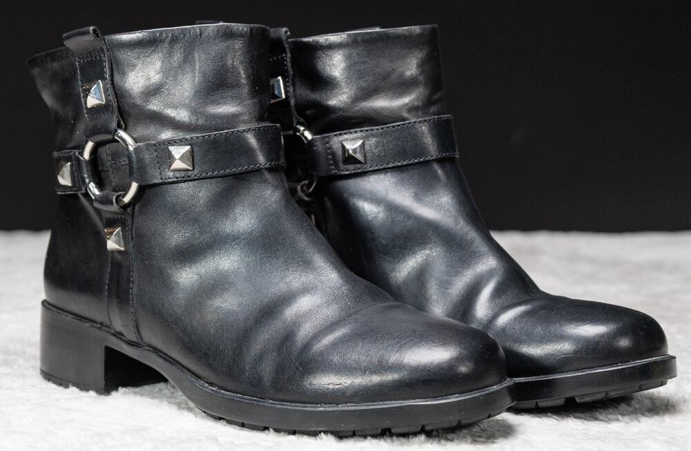 AGL Black Leather Studded Leather Ankle Harness Moto Boots Womens Size 38 US 8